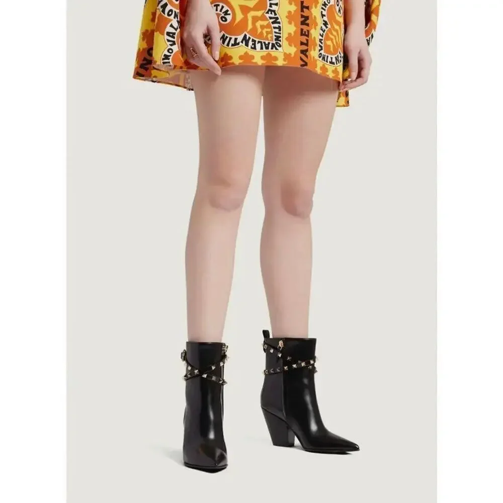 Valentino Garavani Rockstud Calfskin Western Ankle Booties